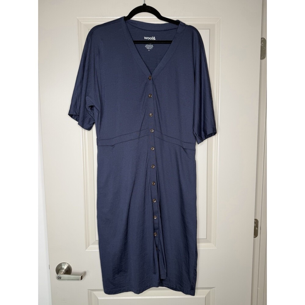 Wool& Amalya Button-Front Dress in Navy Size XL Dolman Sleeves V Neck - Picture 2 of 7